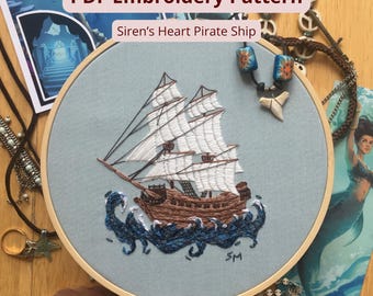 刺繍チャーム 帆船デザイン 海賊船の手刺繍パターン。刺繍の手順とパターン。船の海のデザイン