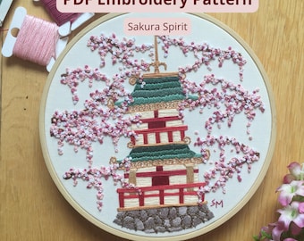 Cherry Blossom Embroidery Pattern PDF | Sakura Temple Landscape | Japanese Inspired Hand Embroidery | Full Instructions