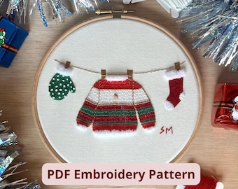 Patrón de bordado de jersey navideño en PDF / Bordado a mano de suéter festivo / Diseño de decoración navideña / Apto para principiantes