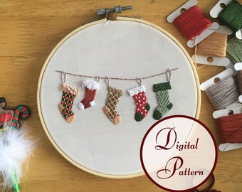 Christmas Stockings || Hand Embroidery Hoop Art || Full Embroidery PDF Pattern with instructions || Digital Download
