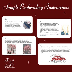 May include: Embroidery instructions for a car, horns, blossoms, and spine. The instructions include DMC thread colors and stitch types. The image shows a red car, a pair of horns, a pink blossom branch, and a blue spine.