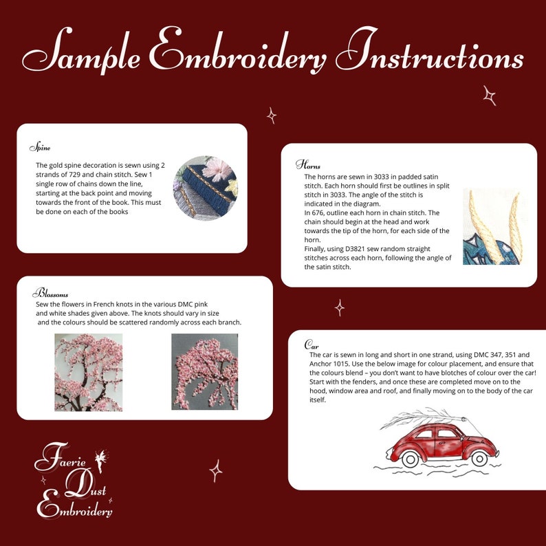May include: Embroidery instructions for a car, horns, blossoms, and spine. The instructions include DMC thread colors and stitch types. The image shows a red car, a pair of horns, a pink blossom branch, and a blue spine.