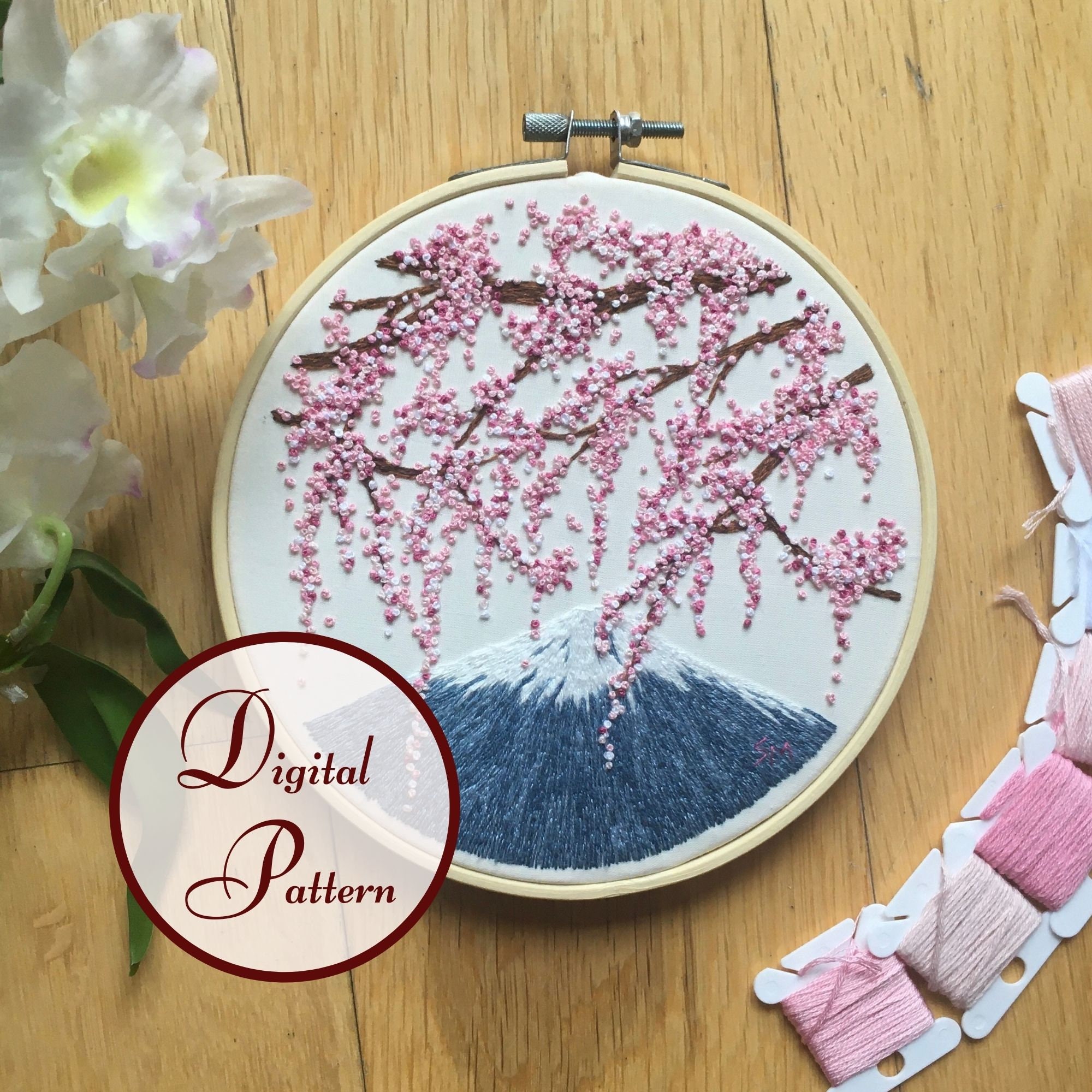Sashiko Embroidery Sampler - Mt. Fuji Cherry Blossoms (# 4012