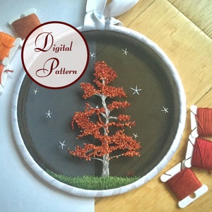 Llama de otoño // Árbol de otoño // Arte de bastidor de bordado a mano // Patrón de bordado completo en PDF con instrucciones // Descarga digital