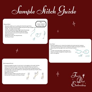 May include: A guide to different embroidery stitches, including the French Knot, Buttonhole Stitch, and Lazy Daisy. The guide includes illustrations and instructions for each stitch.