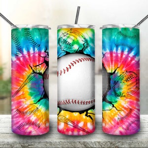 Baseball Breaks Wall 20oz Skinny Tumbler Sublimation Vintage Tie Dye Baseball Glove Bat Tumbler Gift For Baseball Mom, Baseball Players