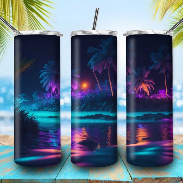 Retro Mysterious Night Breathtaking Beach Palm Trees Artwork For 20oz Skinny Tumbler Sublimation Summer Vibes Tumbler Gift For Summer Lovers