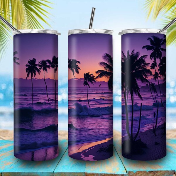 Retro Sunset Night Breathtaking Beach Palm Trees Artwork For 20oz Skinny Tumbler Sublimation Summer Vibes Tumbler Gift For Summer Lovers