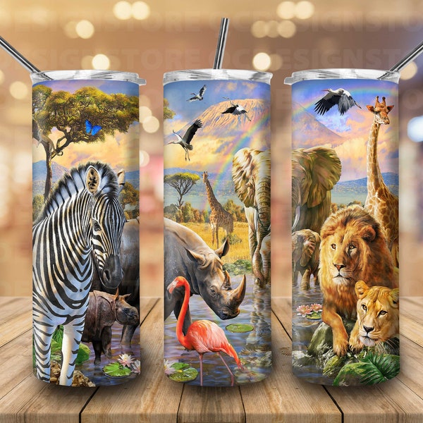 African Wild Animals 20oz Skinny Tumbler Sublimation Eagle Bird Zebra Flamingo Giraffe Lion Elephant Tumbler PNG File Gift For Animals Lover