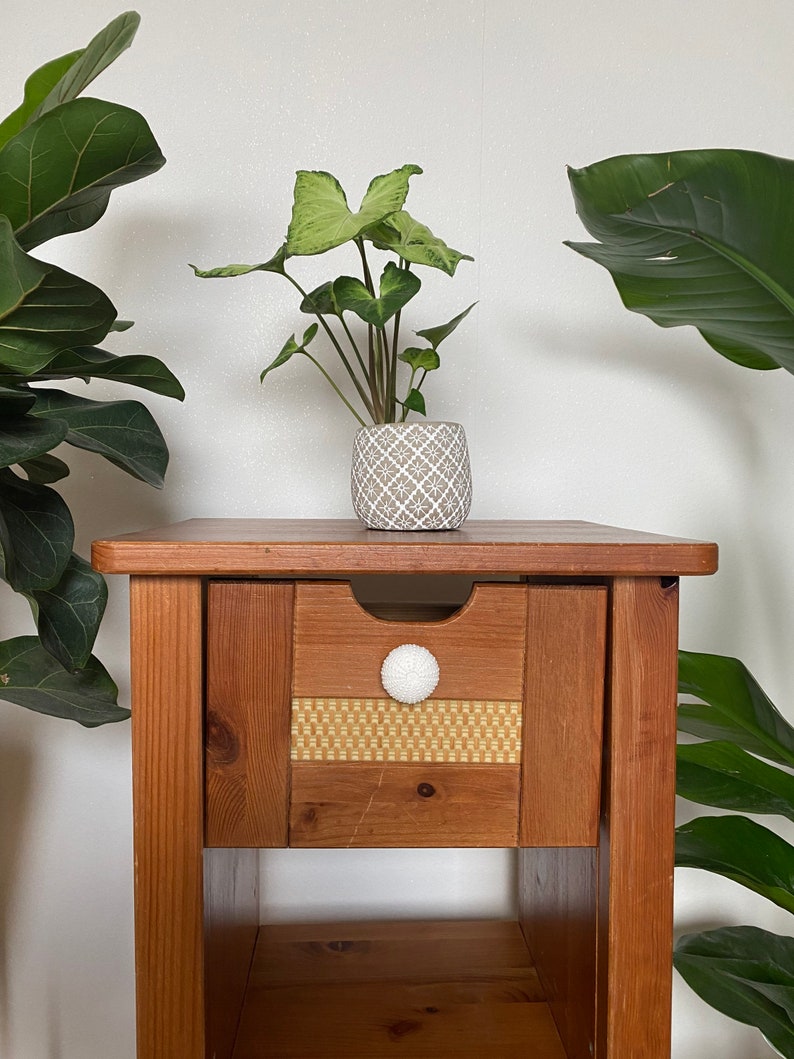 May include: A wooden nightstand with a drawer and a lower shelf. The drawer has a white knob and a woven pattern on the front. A small potted plant sits on top of the nightstand.