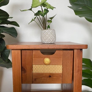 May include: A wooden end table with a single drawer and a lower shelf. The drawer has a woven pattern and a gold knob. A potted plant with green leaves sits on top of the table.