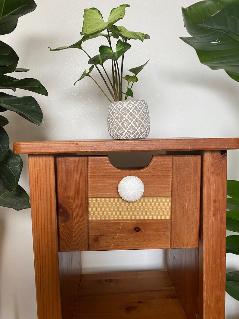May include: A wooden nightstand with a single drawer and a lower shelf. The drawer has a white knob and a woven pattern on the front. A small potted plant sits on top of the nightstand.
