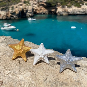 Könnte beinhalten: Drei Seesterne, einer golden, einer weiß und einer silberfarben, sind auf einem Felsen vor einem blauen Meer angeordnet.