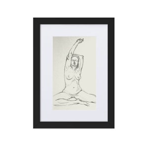 Stretching reach female figure in pencil - Framed print with mat
