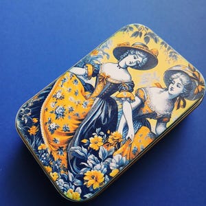 Toile De Jouy Trinket Box: Yellow & Blue Vintage Inspired Tin
