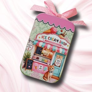 Cat Ice Cream Shop Altered Tin,  Feline Ice Cream Parlor Decorative Box, Whimsical Kitten Decor,  Summer Dessert Theme, Cat Mom Gift