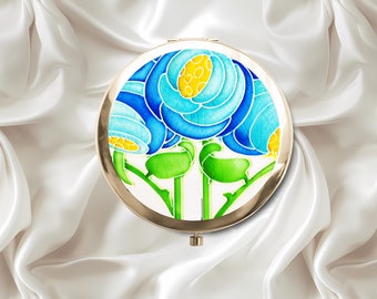 Art Noveau Blue Peony Compact Mirror, Vintage Design  Floral Mirror, Gold Compact Mirror For Purse, Makeup Mirror,  Gifts For Her,