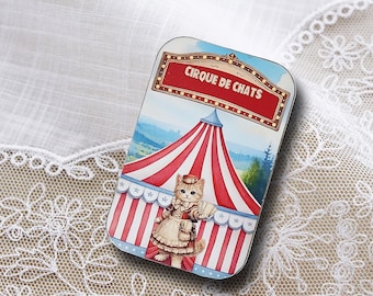 Caja de baratijas de circo de gatos, lata decorada Cirque De Chats, decoración caprichosa de carnaval de gatos, lata de gato con decoupage