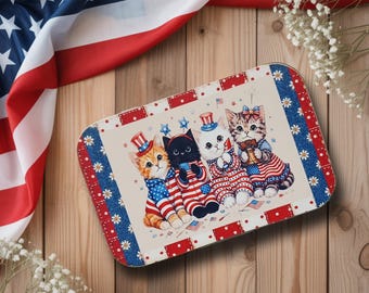 4th of July Patchwork Kittens Trinket Box, Patriotic Cats Metal Decoupage Tin, Whimsical Cats Independence Day Decor,  Cat Gift Card Holder