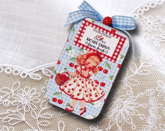 Vintage Style Cherry Girls Altered  Tin, Cherry Theme Collectible Decoupage Box, With Ribbon Embellishment,  Blue and Red Gingham Decor