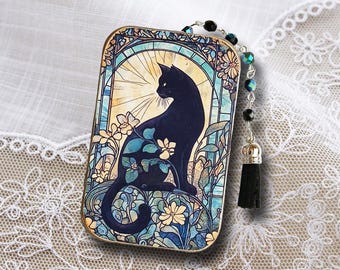 Art Nouveau Style Black Cat Trinket Box: Decoupage Tin,  With Crystal Beaded Tassel