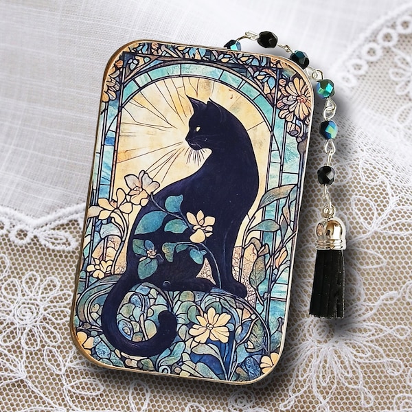 Art Nouveau Style Black Cat Trinket Box: Decoupage Tin,  With Crystal Beaded Tassel