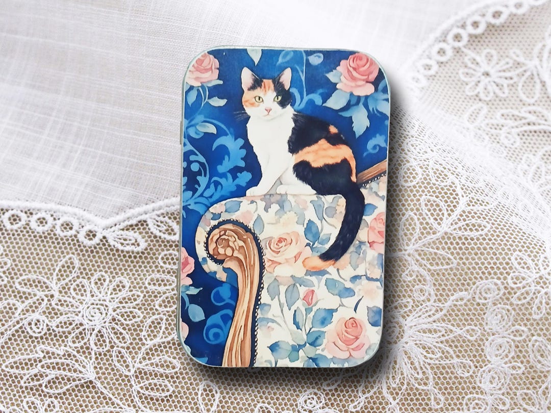 Calico Cat Trinket Box, Blue & Peach Floral Tin, Small Decoupage Metal ...