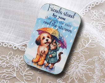 Friendship Cat and Dog Trinket Box, Puppy and Kitten Decoupage Metal Tin, Gift for Bestie, Best Friends Gift Card Holder, Cute Candy Tin
