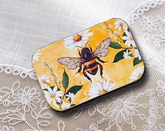 Bee and Daisies Floral Trinket Box, Honeycomb Design, Spring and Summer Decor, Decoupage Metal  Hinged Tin,