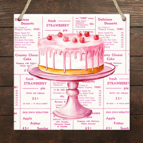 Vintage 1950s Dessert Menu Wood  Plaque, Pink Kitchen Decor, Lightweight Art, Vintage Diner Ad, Dessert Art, Gifts For Bakers, Cooking Art
