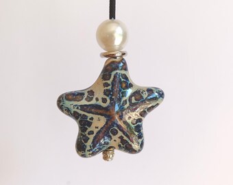 Starfish ceramic bead with pearl light pull Seaside Bathroom Decor