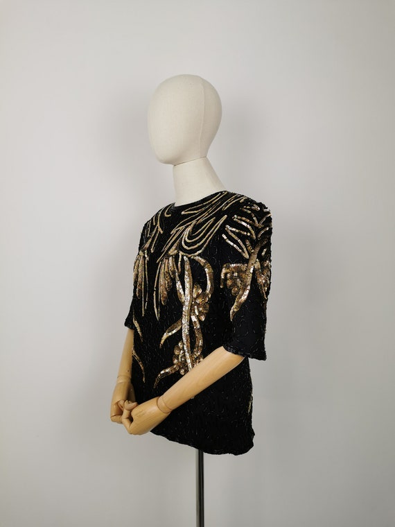 Vintage 80s Frank Usher silk sequins and beads tr… - image 5