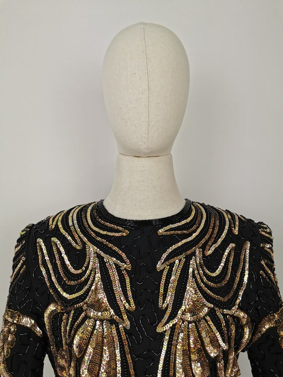Vintage 80s Frank Usher silk sequins and beads tr… - image 4