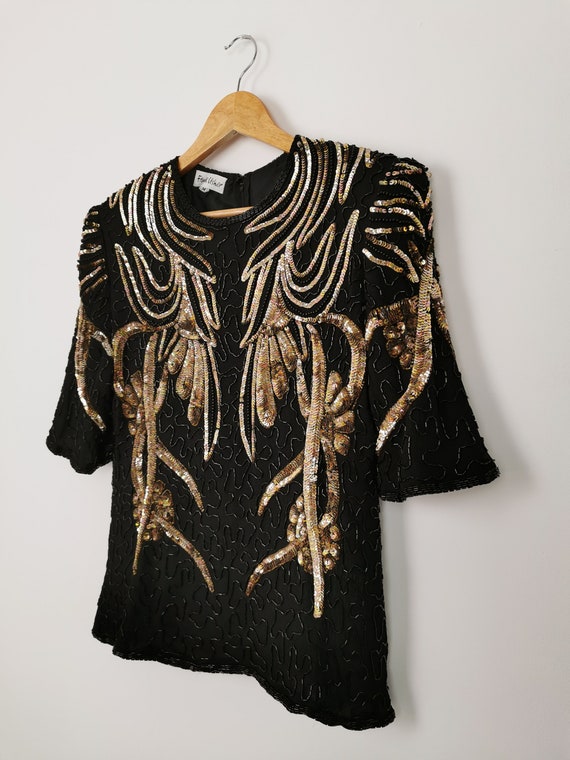 Vintage 80s Frank Usher silk sequins and beads tr… - image 9