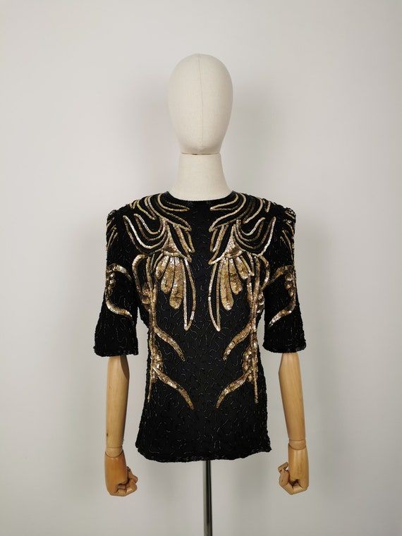 Vintage 80s Frank Usher silk sequins and beads tr… - image 3