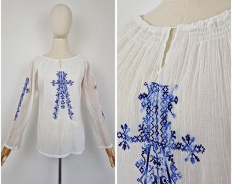 Vintage Greek white bohemian hippy gauze cotton blouse