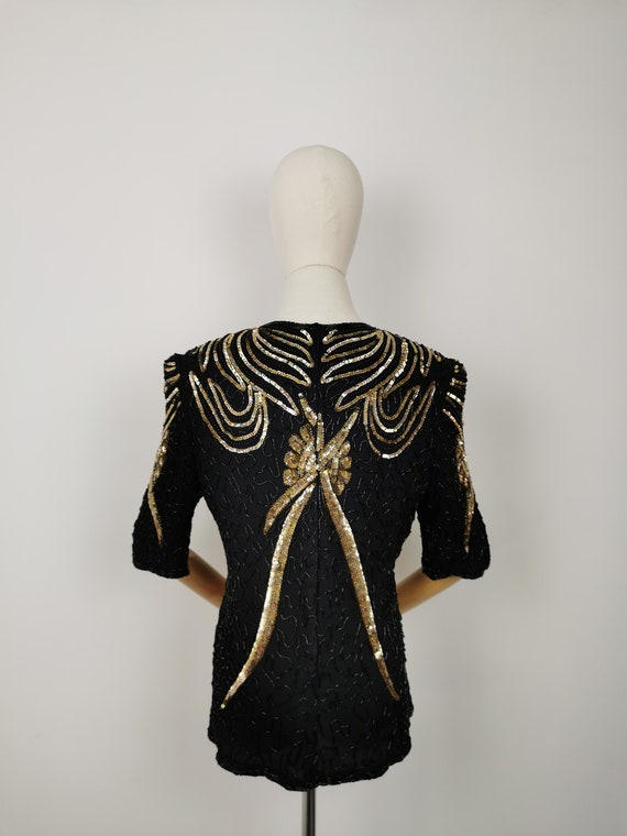 Vintage 80s Frank Usher silk sequins and beads tr… - image 6