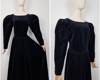 Vintage 80s Laura Ashley gothic black velvet ballgown cotton dress