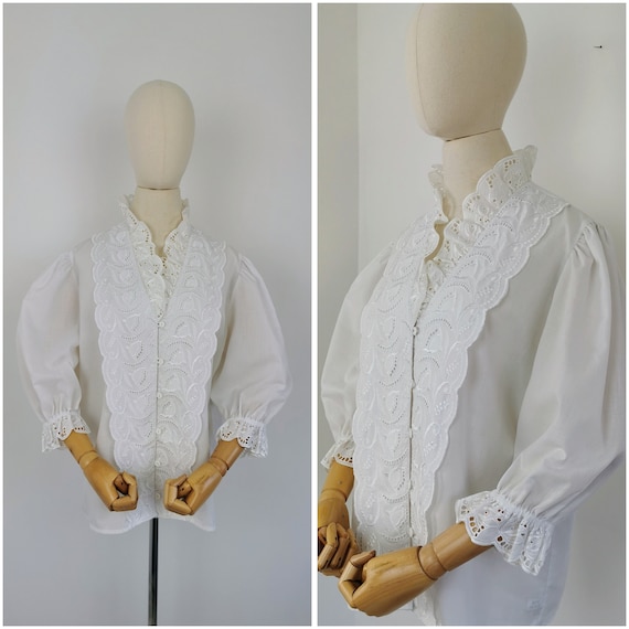 Vintage white puff sleeve Bavarian cottagecore bl… - image 1