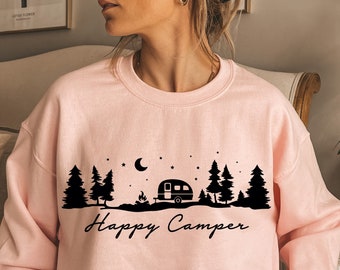 Donald Marjory Happy Camper Print Mens Rib Cuffed Crewneck Fleece Athletic Pullover Crewneck Sweatshirt 