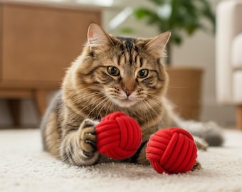 Jouet pour chat Monkey Fist avec noyau de boule en bois - Jouet en corde naturelle pour chats - Balle de jeu interactive et durable pour chat