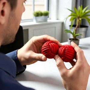 May include: Two vibrant red decorative balls, each intricately woven with a rope-like material. The balls are held in a person's hands, showcasing their round shape and textured surface. The background includes a window and potted plants.
