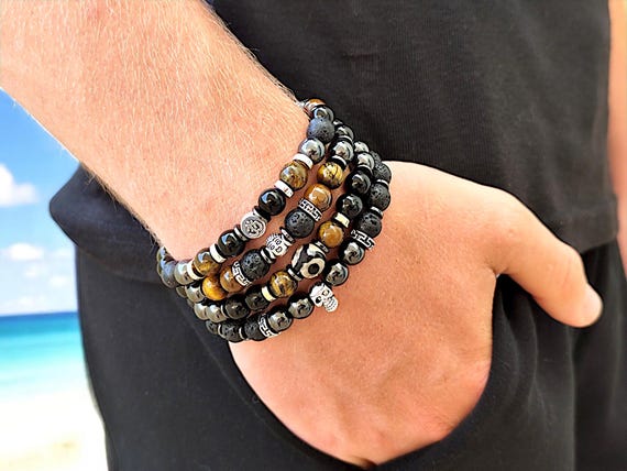 OMビーズブレスレット - オニキス、ヘマタイト、溶岩、タイガーアイを