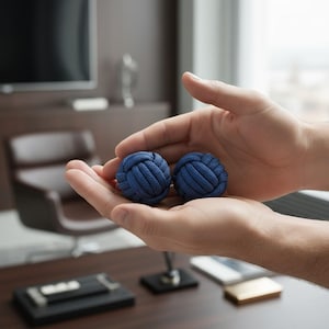 May include: Two navy blue decorative knot balls are held in open hands. The balls are round and made of tightly woven rope. The background includes a desk, chair, and a window.