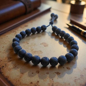 May include: A dark gray beaded bracelet made of porous, round stones. The bracelet is strung on a dark blue cord and rests on a textured, light brown surface. Other items, including a leather-bound notebook and pens, are in the background.