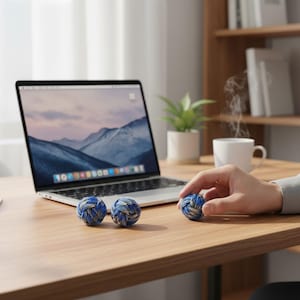May include: Three blue and white rope balls on a wooden desk. A laptop with a mountain landscape on the screen is open in the background. A hand is holding one of the balls. A cup of coffee and a plant are also on the desk.