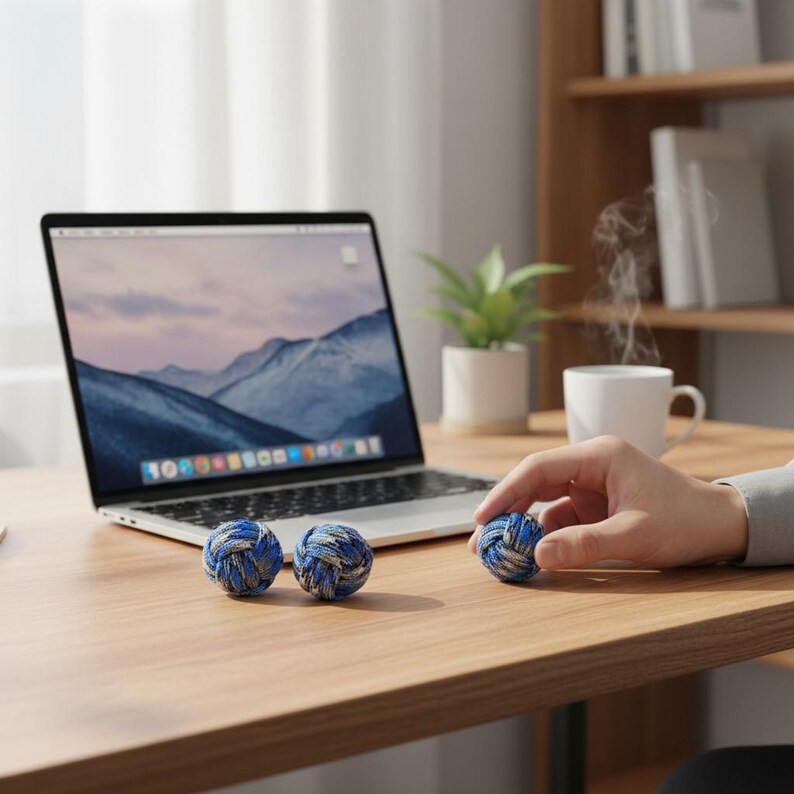 May include: Three blue and white rope balls on a wooden desk. A laptop with a mountain landscape on the screen is open in the background. A hand is holding one of the balls. A cup of coffee and a plant are also on the desk.