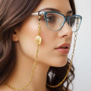 Greek Coin Glasses Chain – Alexander the Great & Vergina Sun Pendant – Gold Eyewear Chain Necklace – Lariat Style – Unisex Jewelry