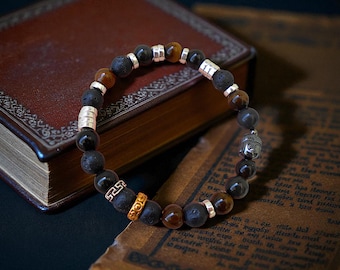 STRENGTH Morse Code Bracelet for Men – Black Onyx, Obsidian, Lava, Tiger Eye – Hidden Message, Protection Amulet