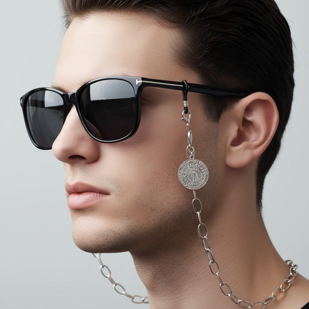 Mens Glasses Chain - Sunglasses Necklace with Phaistos Disc Pendant - Minimal Eyewear Holder - Greek Symbol Jewelry